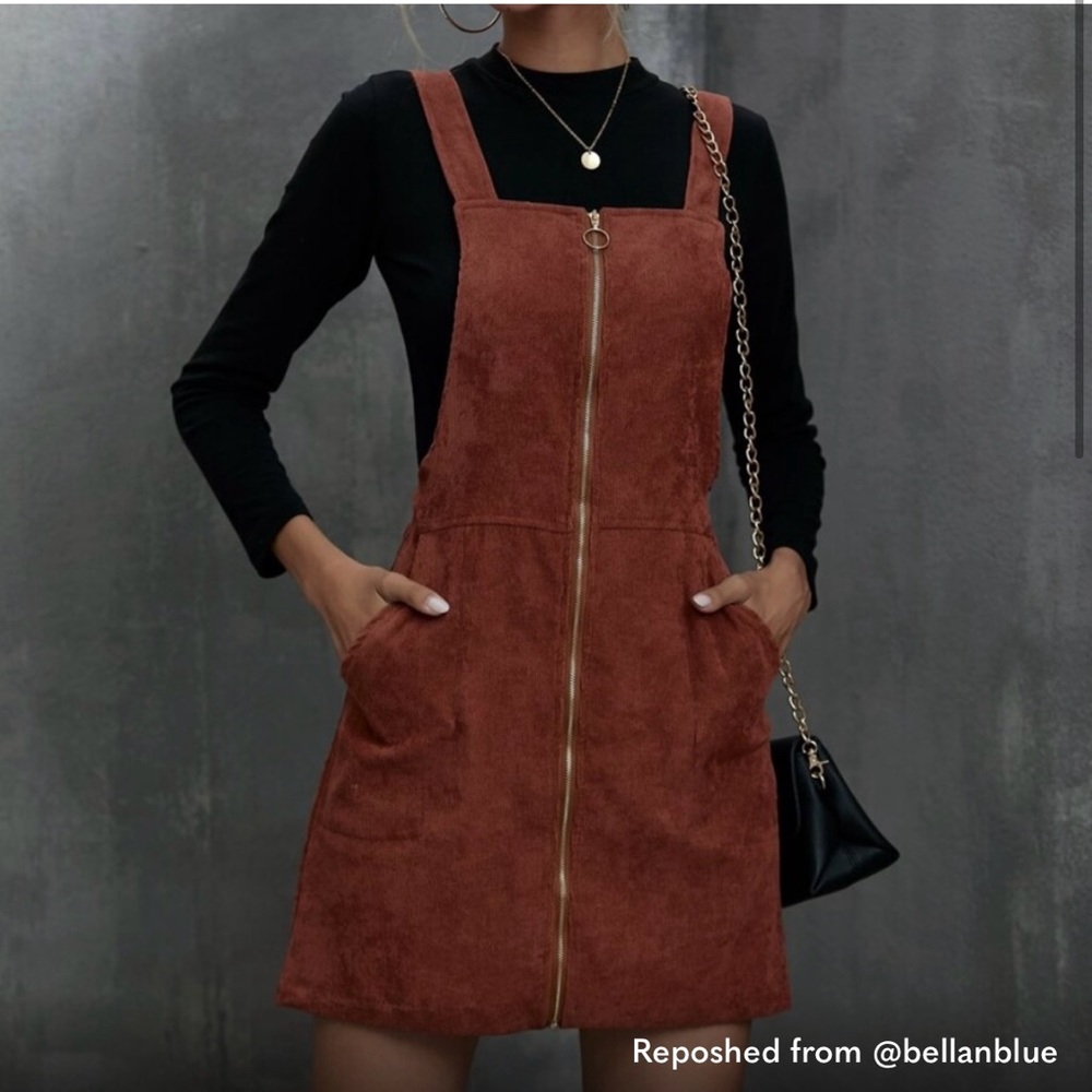 Boho Rust Brown corduroy Zipper Mini Dress